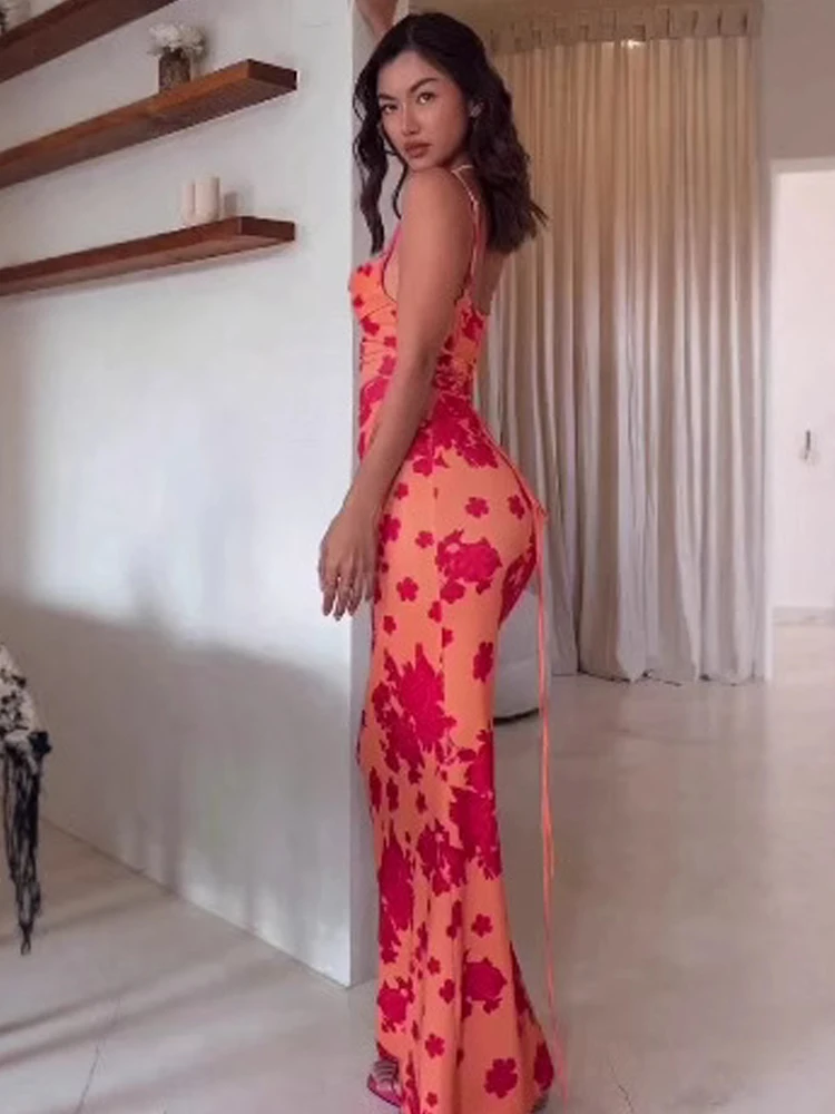 Summer New Printed Suspender U-Shaped Women's Maxi Dress Spaghetti Strap Bodycon Lace-up Orange Ladies Casual Hip Long Skirt