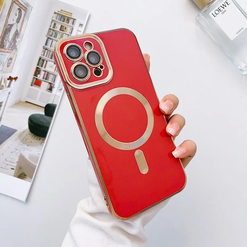 Plating Frame Phone Case iPhone 13 12 11 Pro Max 14 Plus For Magsafe Magnetic Wireless Charging Lens Protective_voghion.com