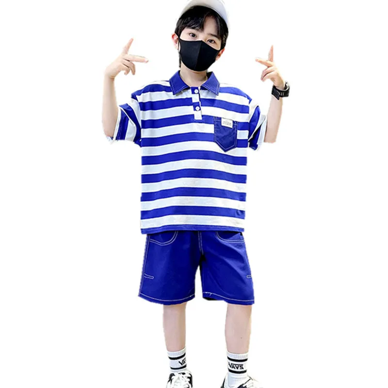 

2023 New Summer Boys Outfit Set Polo Shirt Clothing Sets For School Boy Stripe Polo T-shirt And Shorts Two Pieces Suit 2 To 14Y