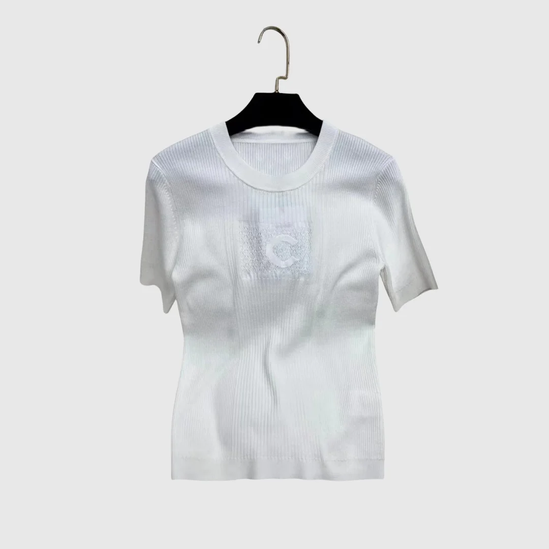

New Fashion Style Letter Knitted Short Sleeves for Early Spring 2024 Round neck slim fit cut Hollow embellishments on the chest