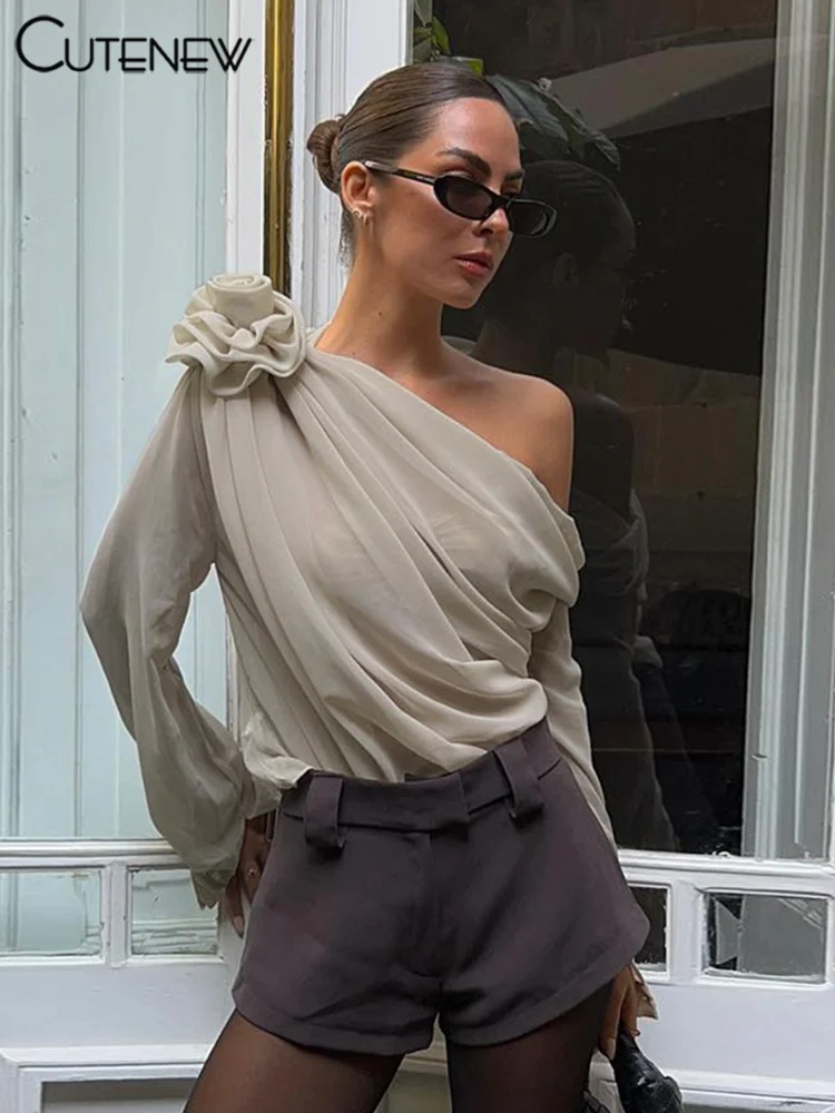 Women's Top Patchwork Long-Sleeved Mesh Shirt Casual Pleated Diagonal Collar Flower Decor Clothing Sexy Femme Streetwear
