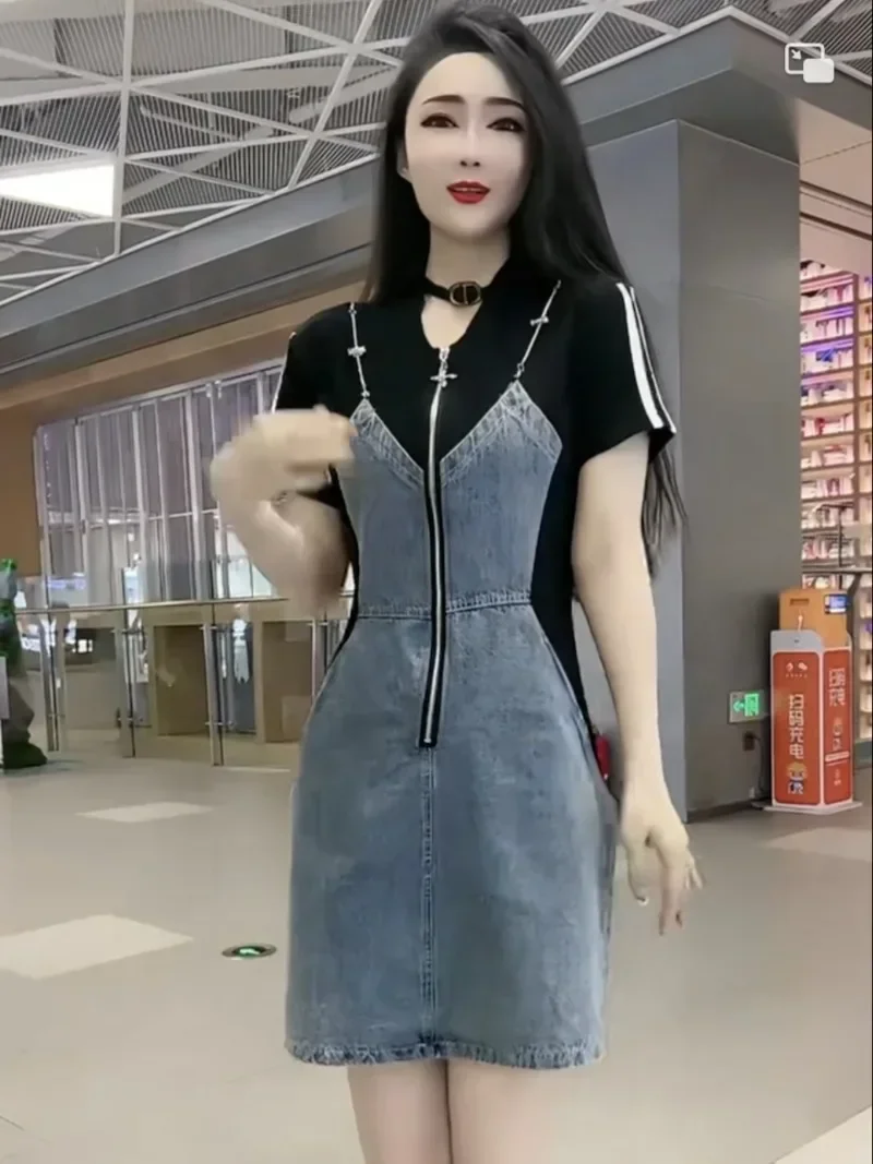 Women Two Piece Denim Patchwork Dress Short Sleeve - Image 3