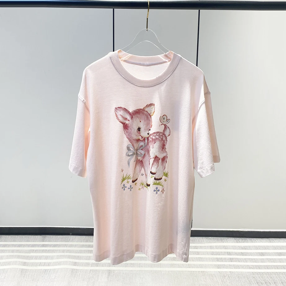 

Fashionable and versatile y2k deer print cotton Top women 2023 summer new simple casual round neck short sleeve T-shirt