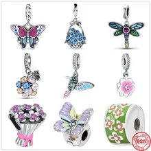  New 925 Sterling Silver Blossom Dragonfly Flower Pendant CharmFit Original Pendant Bracelet Making Fashion DIY Jewelry For Women 