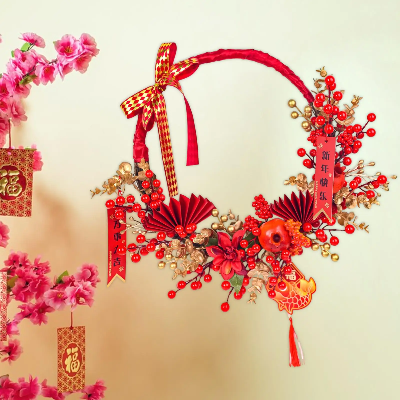 Chinese New Year Wreath Front Door Wreath Home Decor Artificial Flower Wreath for Celebration Wedding Outdoor Festival Holiday