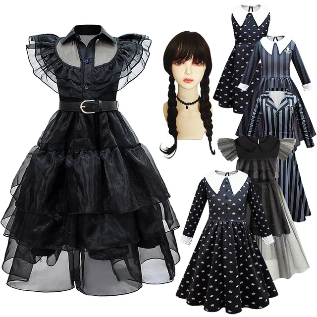 Wednesday Addams Cosplay Costume Set Carnival Party Mesh Dress Outfits For  Women/ Kids