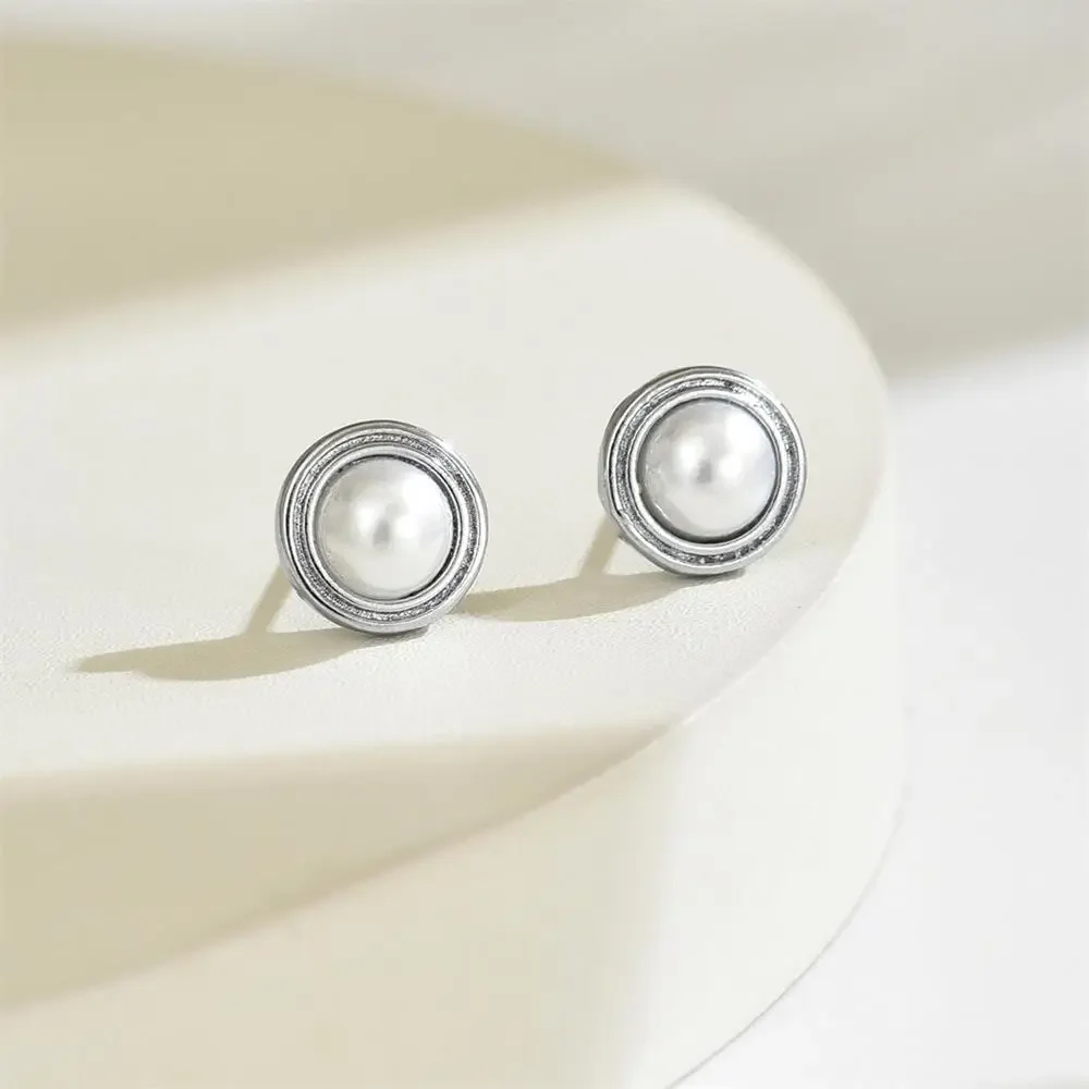 Stainless Steel Chunky Tiny Circle Ear Studs Versatile Daily Mini Imitation Pearl Stud Earrings Statement Jewelry Party Gifts