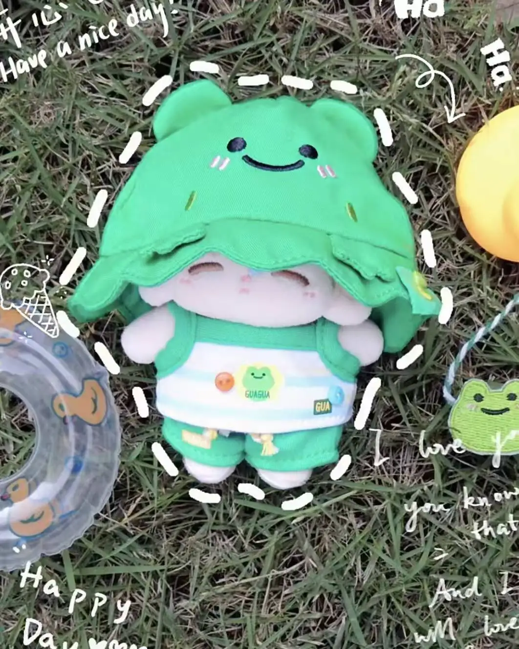 10cm Cotton Doll Clothes Lovely Little Green Frog Set Vest Jumpsuit Climbing Suit Hat Backpack DIY Doll Clothes Accessories