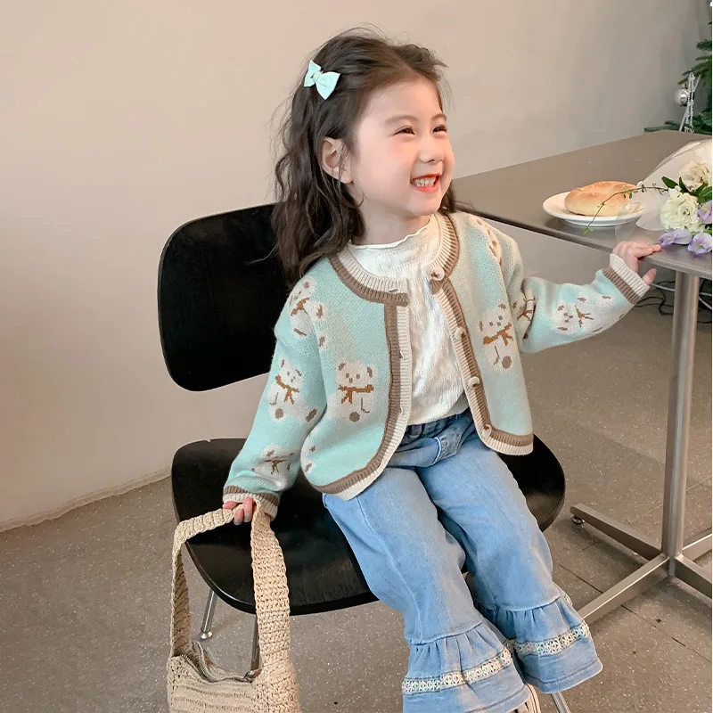 Ins Kids 소녀 스웨터 코트 가을 곰 Jacqurd  Babys 소녀 카디건 느..