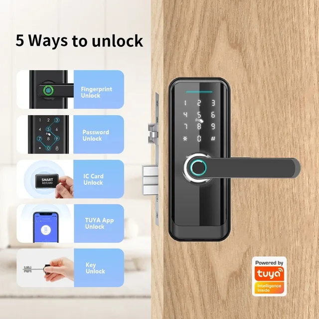 Tuya Wifi Biometric Fingerprint Card Password Key Smart Lock Electronic Keyless Entry Home Apartment App Smart Wooden Door Lock 2