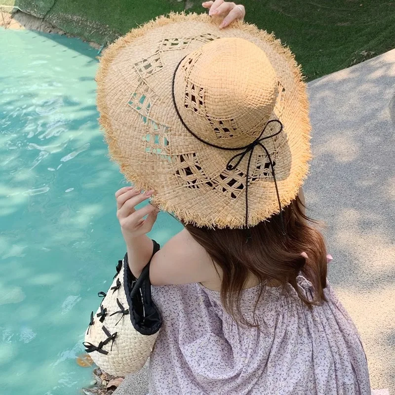 Summer Women'S Flap Beach Hat Bow Hollow Large Brim Sun Shade Sunscreen Raffia Straw Hat Women'S Handmade Straw