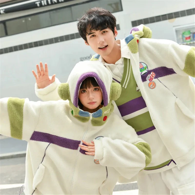 

2023 New Disney Anime Bath Lightyear Toy Story Cute Couple Sweater Hooded Coat Boys And Girls Winter Loose Warm Lamb Fleece Coat