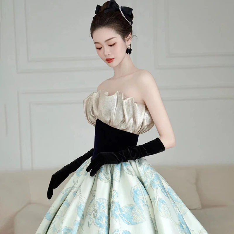 

Luxury Light Blue Off The Shoulder Evening Quinceanera Dresses Jacquard Royal Birthday Long Temperament Banquet Gown For Women