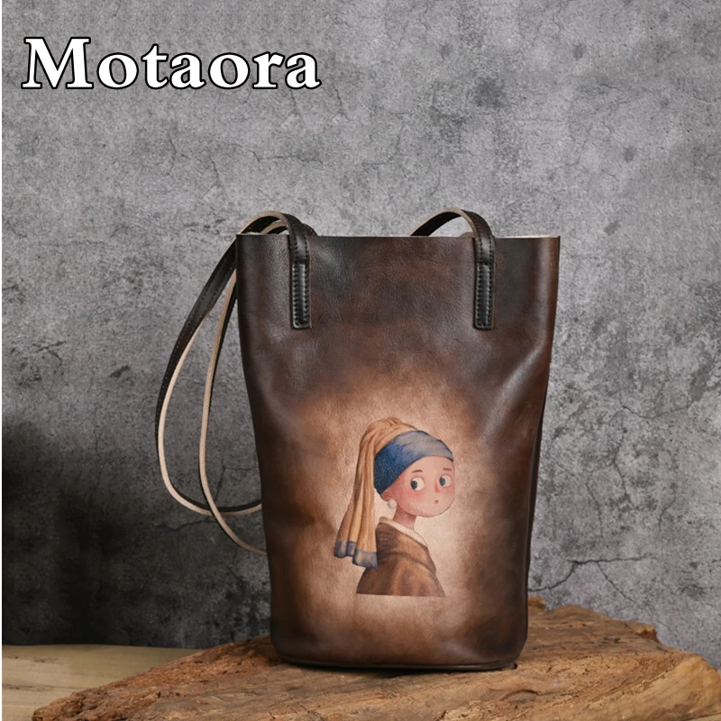 MOTAORA Retro Hand-printed Women's Bag For Women Genuine Leather Bucket Handbags Long Handle Lady Luxury Designer Shoulder Bags