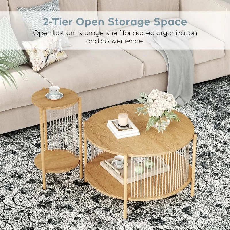 3-piece Boho coffee table set with hand-woven natural rope, 2-story wooden round coffee table and end table set with metal frame 4