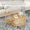 3-piece Boho coffee table set with hand-woven natural rope, 2-story wooden round coffee table and end table set with metal frame 4