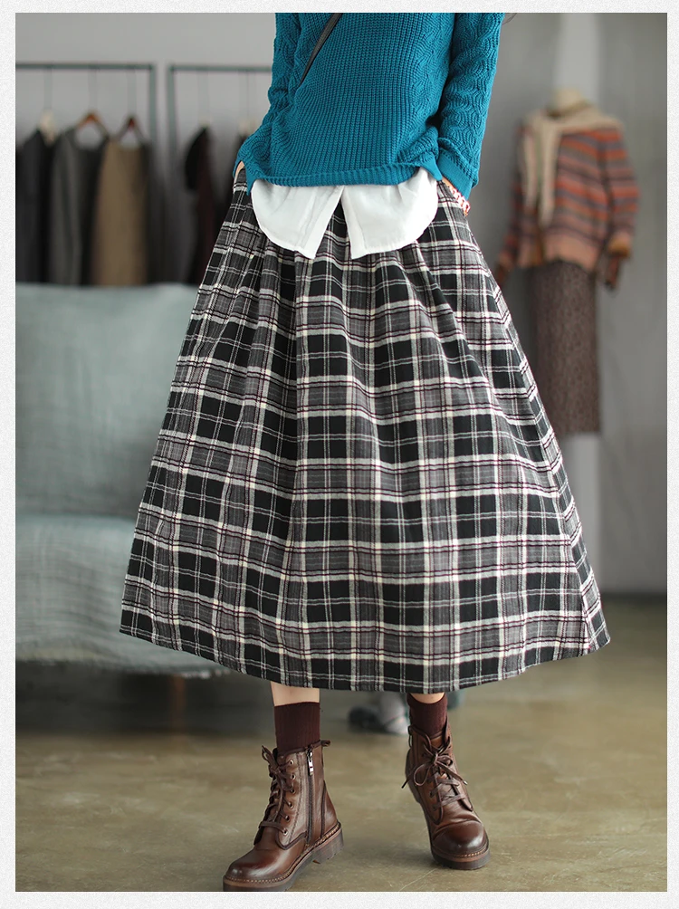 Women Skirt Spring Winter Retro Loose All-match Tops Ladies New Elastic Waist pocket Plaid Vintage Skirt FT826 skorts for women