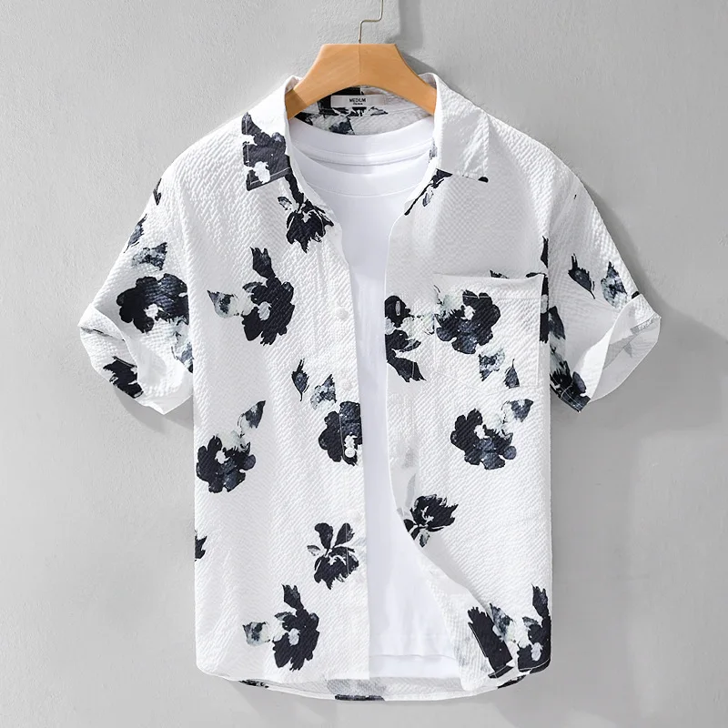 Men's Hawaiian Shirts Short Sleeve Beach Shirt Vacation Button Down Shirts Relaxed Fit Bubble Texture Casual Flower Printed Tops