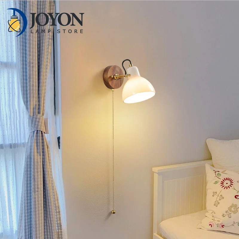 

Japanese Adjustable Solid Wood Wall Lamp Ceramics Lampshade Bedroom Bedside Reading Light Vintage Retro LED Wall Lights Fexible