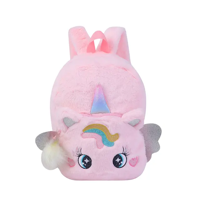 Plush Backpack for Kids Girls Cartoon Unicorn Pattern Hanging Ball Large School Travel Zipper Backpack Kindergarten Schoolbags