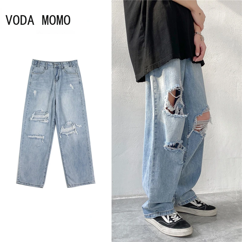 Men Jeans Wide-leg Straight Jeans 3XL Hole Ripped Street-wear All-match Denim Trousers Mens Loose Casual Fashion Harajuku New men jeans mens jeans jeans trousers denim trousers mens casual trousers