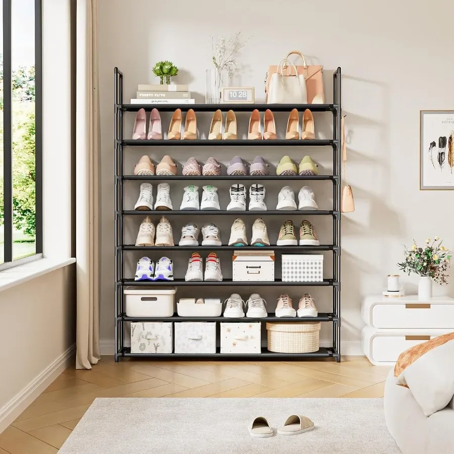 8 Tier Shoe Organizer 33.3in Wide x 11.2in Deep x 55.7in Tall Black Metal and Plastic Shoe Rack Holds up to 3240 Pairs of Shoes