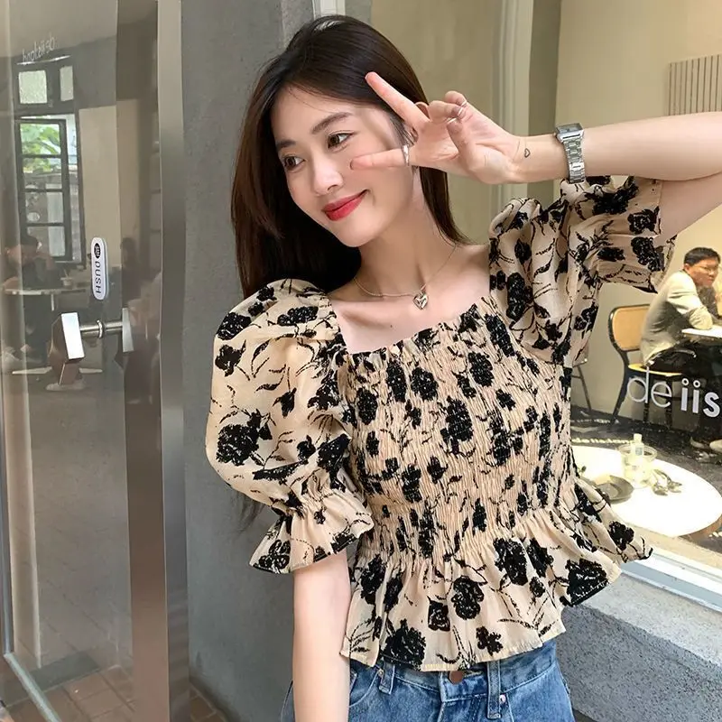 Square Neck Short Sleeve Shirt Women Clothing Summer Vintage Bubble Sleeve Blouse T-shirt Crop Tops Y2k Clothes Streetwear Tops