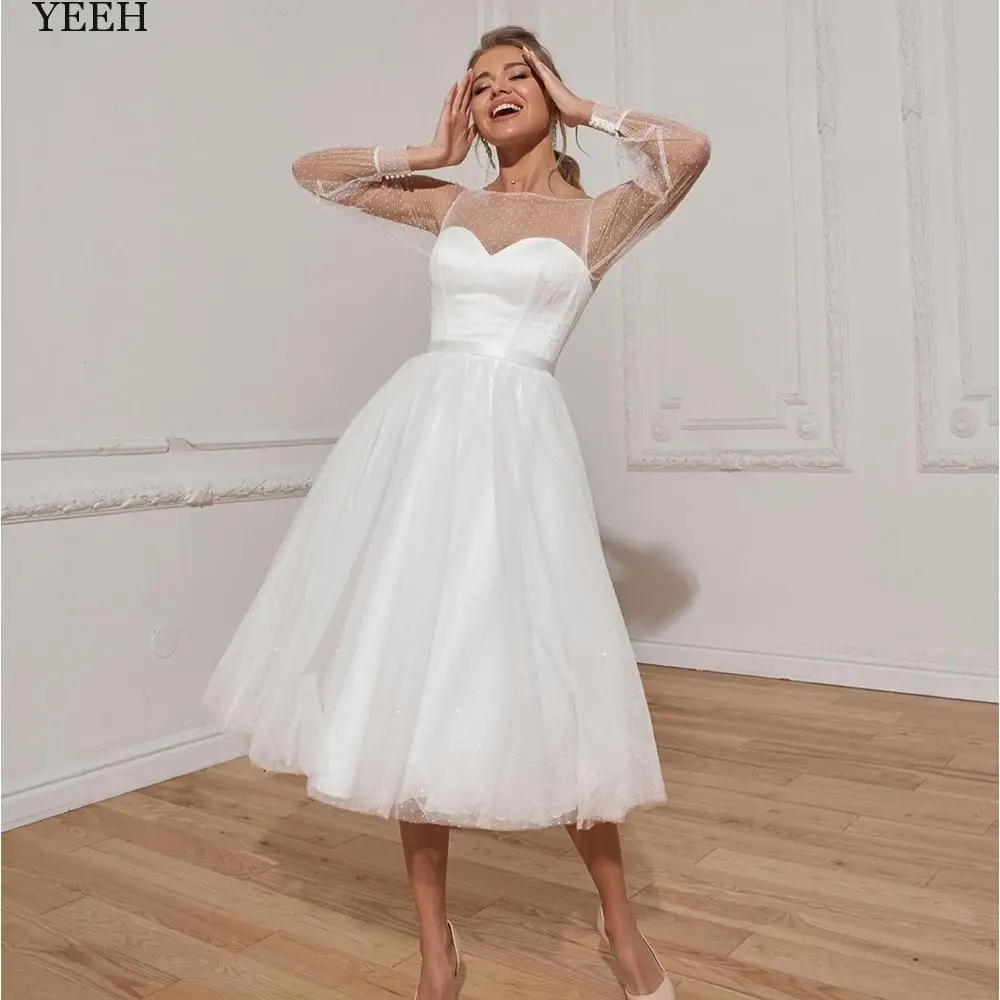 

YEEH Modern Short Wedding Dress Women Sweetheart Sequined Tulle Illusion Sleeve Bridesmaid Dress A-line Vestido De Novia