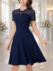 Elegant Women's Lace Short Sleeve Knee - Length Pleated Cocktail Dress - XXL (Navy Blue)