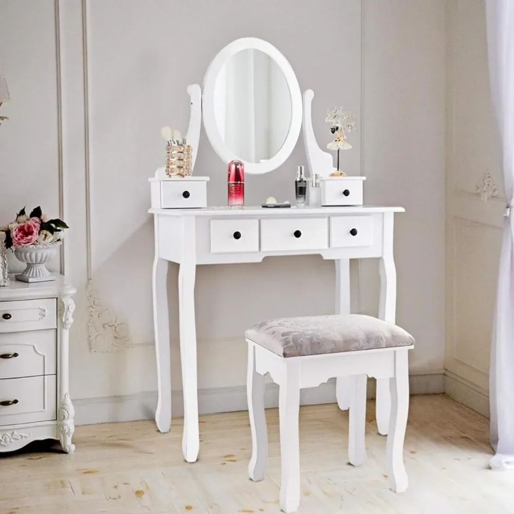 Dresser set, multifunctional dressing table, desk with drawers, adjustable round mirror and upholstered stool, white