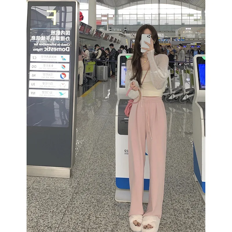 

Pink High Waist Wide Leg Pants women's spring and summer fashion loose and versatile gentle wind casual floor length pants