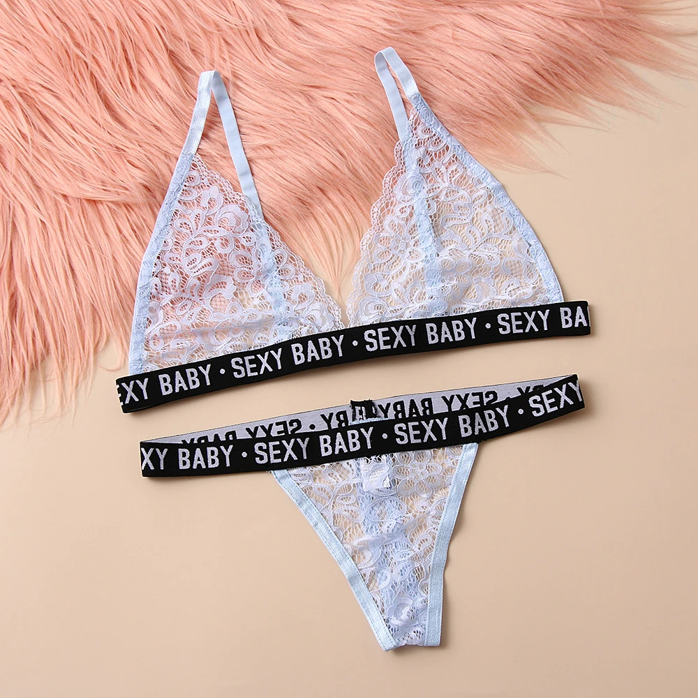 Intimate sensual Lingerie Woman Letter Printed Thongs Bikini Underwear Set Women Lace Hollow Out Brief Panties Push Up Bra Sets bra and underwear set