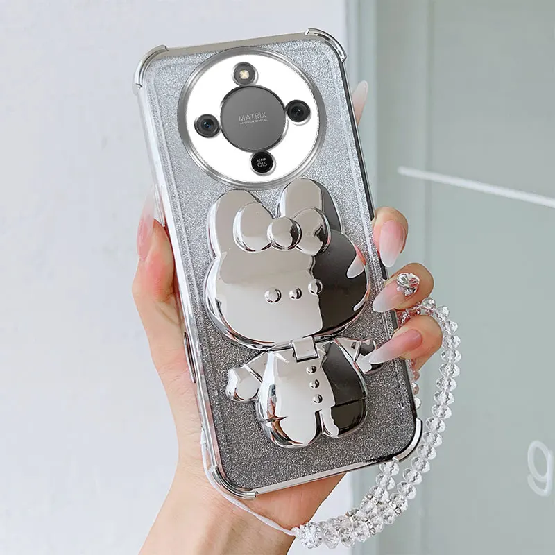 Shockproof Phone Case with Rabbit Makeup Swivel Stand and Crystal Lanyard