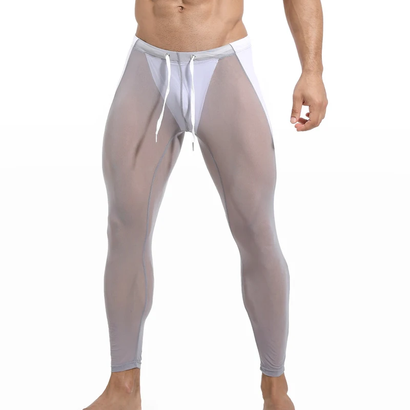 

Men Long Pants Thin Nylon Transparent Sexy Gay Underwear Men Tight Legging Long Johns Skinny Fitness Riding Sleep Bottoms