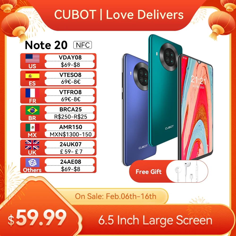 Cubot Note 20 Smartphone Posteriore Quad Camera Nfc Google Android 10 6.5 Pollici 4200Mah Dual Sim Card Telefono 4G Lte 3Gb + 64Gb Celular