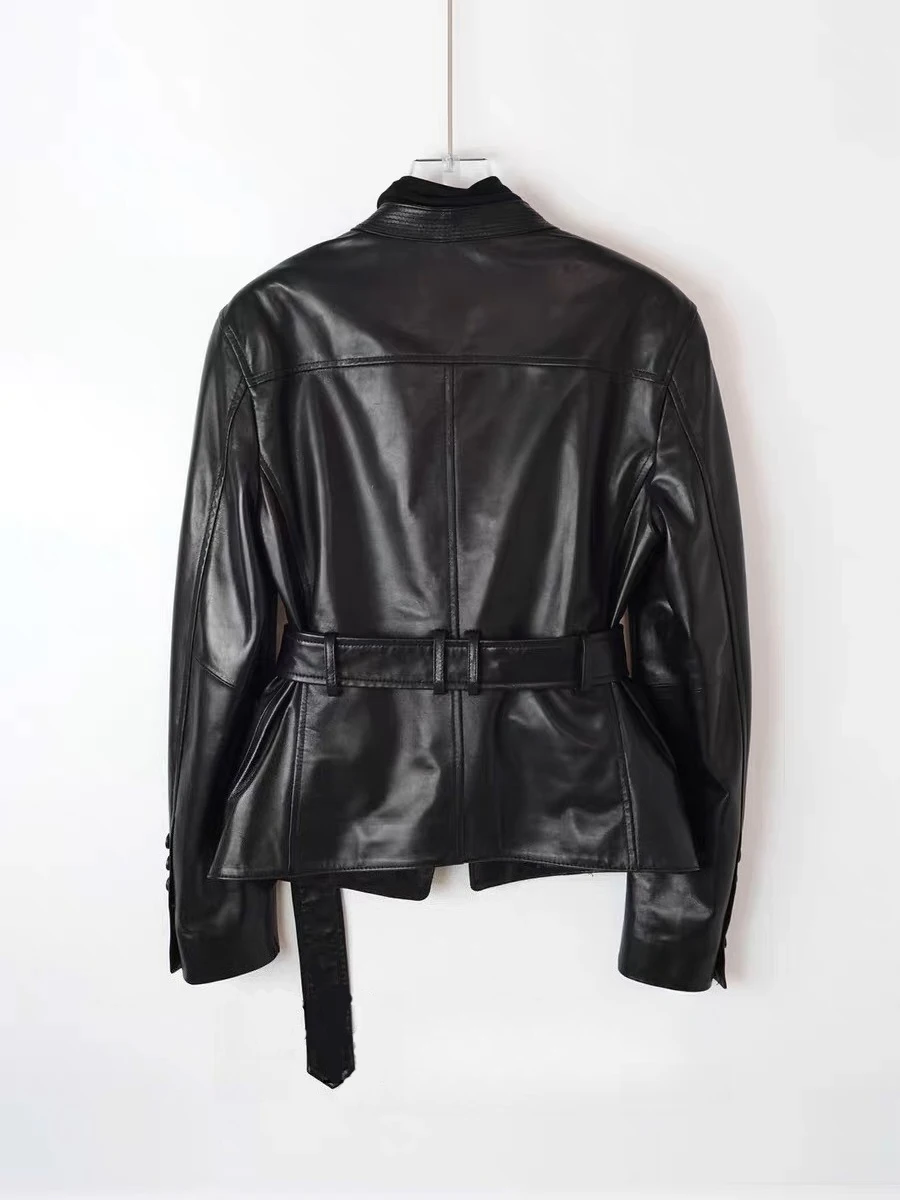 2025 Spring Brand New Leather Jacket for Women V-neck 100