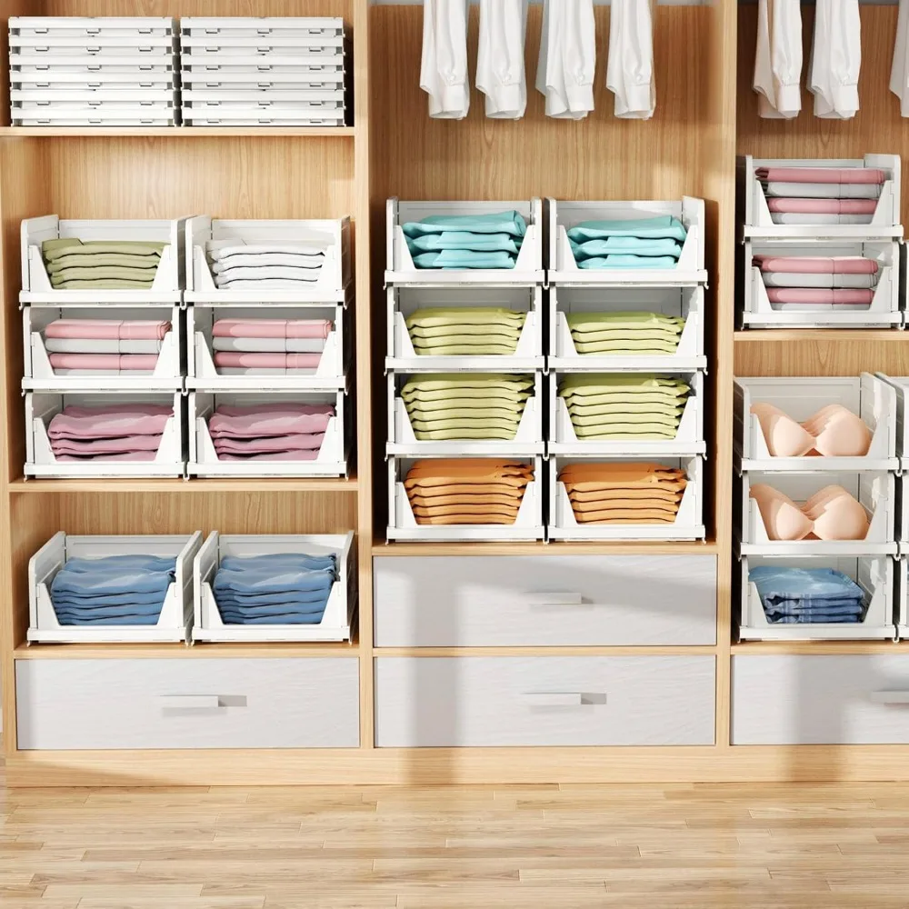 6 Pack Folding Closet Organizers Storage Box, Stackable Storage Bins, Plastic Drawer Basket Closet Storage for Wardrobe Cupboard
