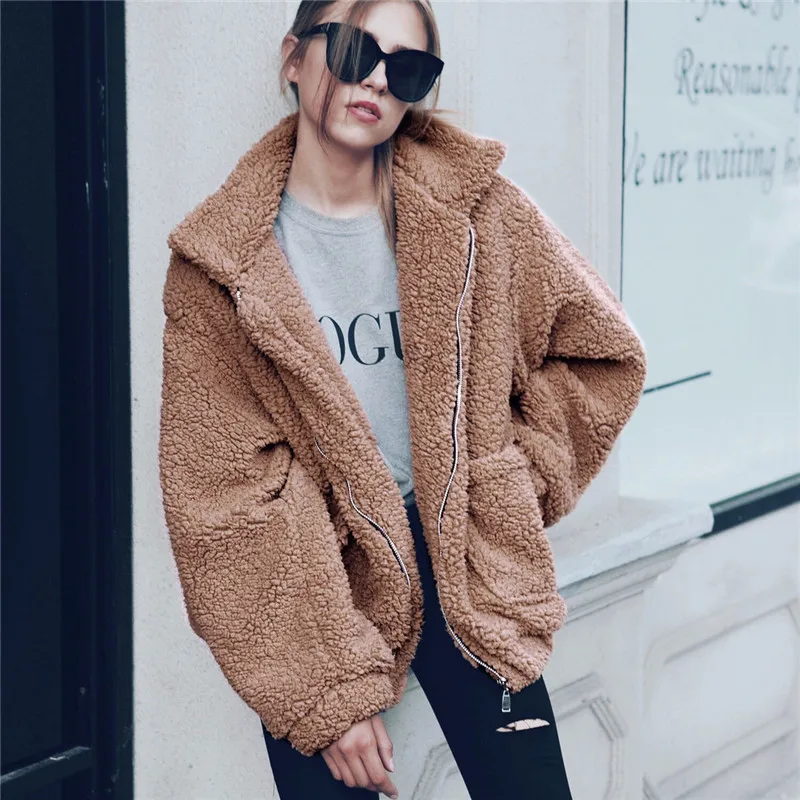 Fashion Casual Faux Fur Coat Ladies 2023 Winter Thick Warm Soft Wool Female Pocket Zipper Teddy Coat