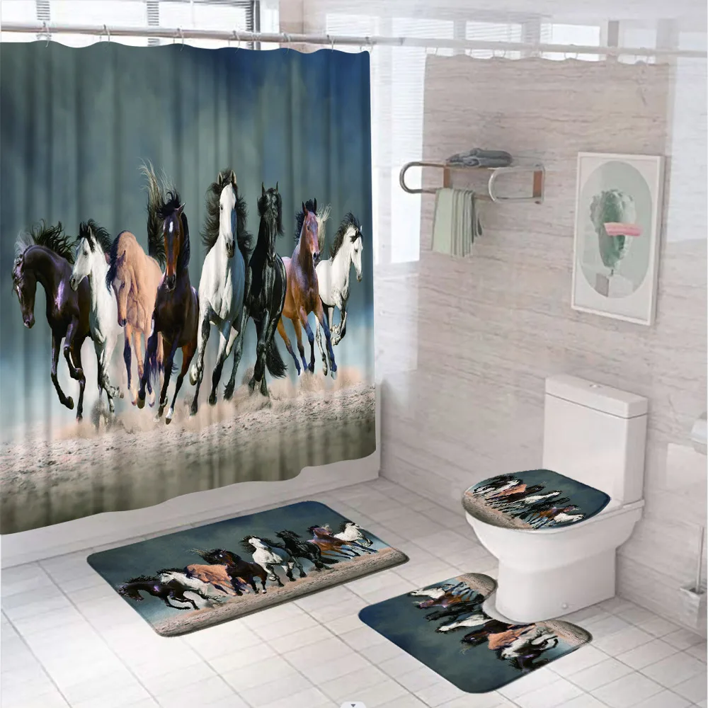 4Pcs Running Horse Shower Curtain Sets Animal Farm Bathroom Curtains Accessories U Shape Rug Toilet Lid Cover Bath Mat 12 Hooks