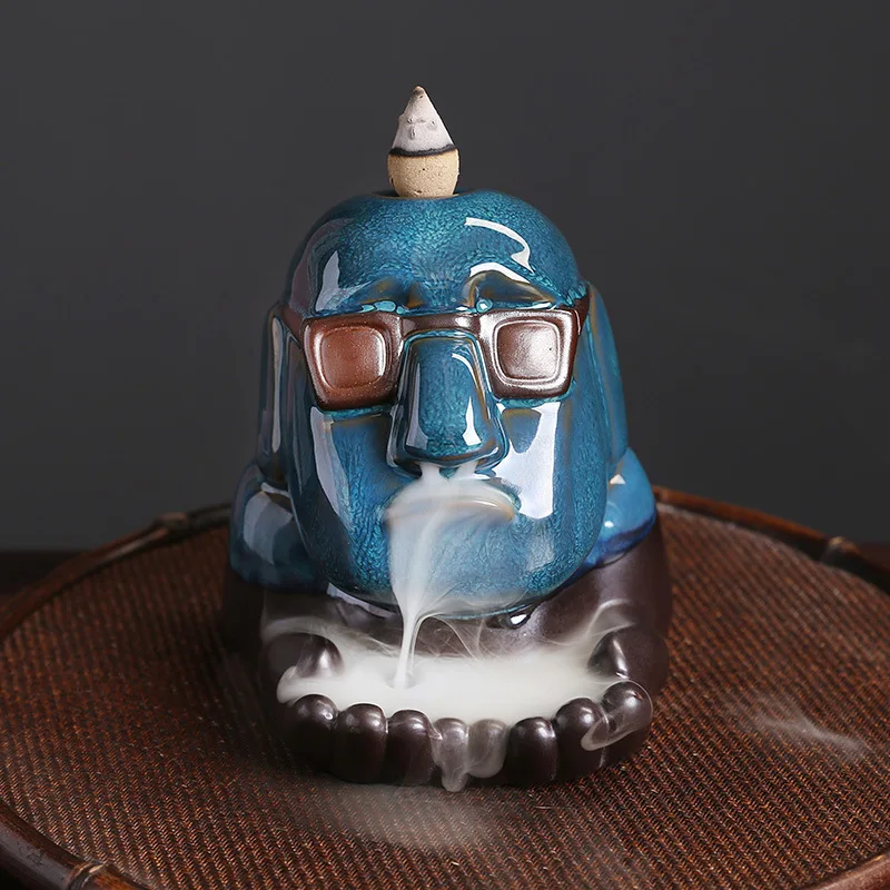 Creative Ceramic Backflow Incense Burner Sunglasses Brother Character Backflow Incense Statue Nostril Smoke Aromatherapy Holder