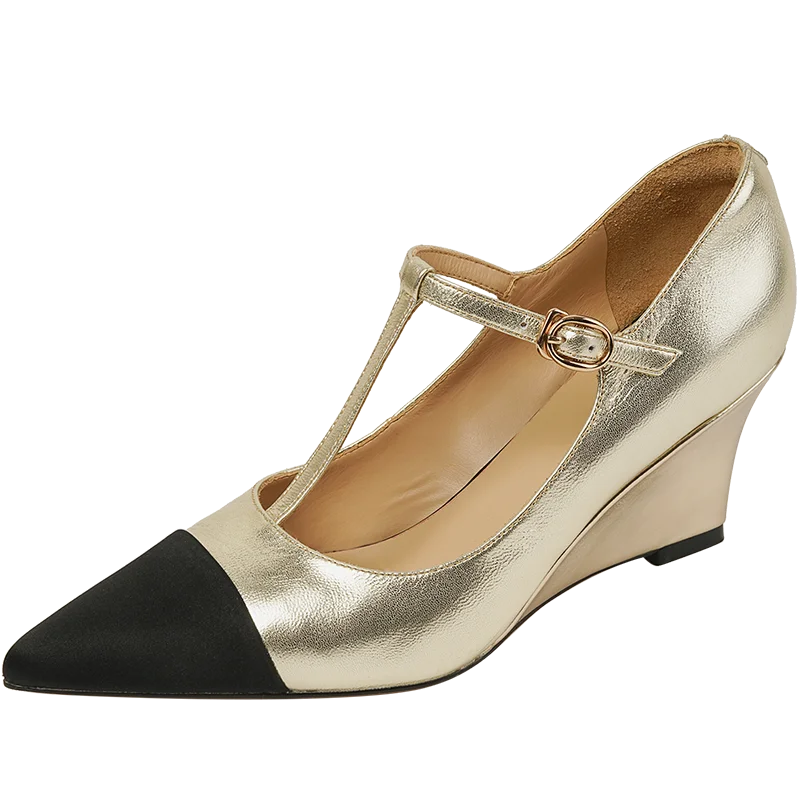 

2022 new Women's pumps Natural Leather 22-25cm Cowhide upper Wedge heel pointed toe stitching shoes Mary Jane shoes full leather