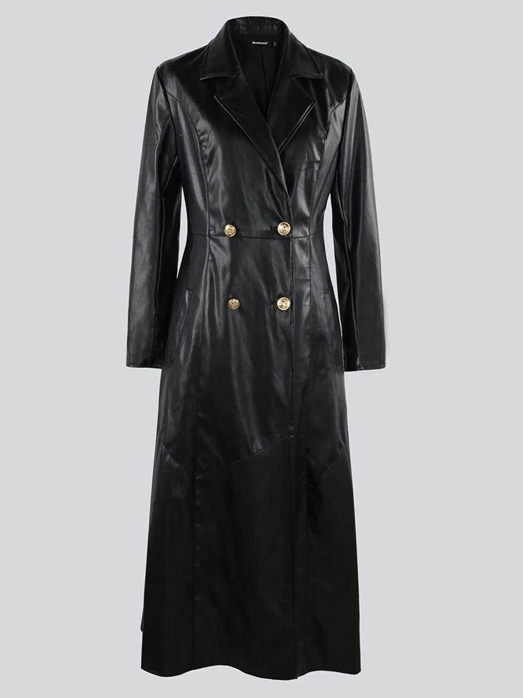 Nerazzurri Extra Long Red Black Pu Leather Trench Coat for