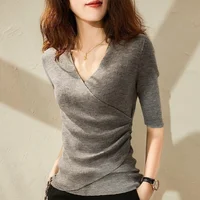 Elegant Slim Short Sweaters Spring New Long Sleeve V Neck Solid Pleated Button Pullovers Top Fashion Temperament Women Clothing 4