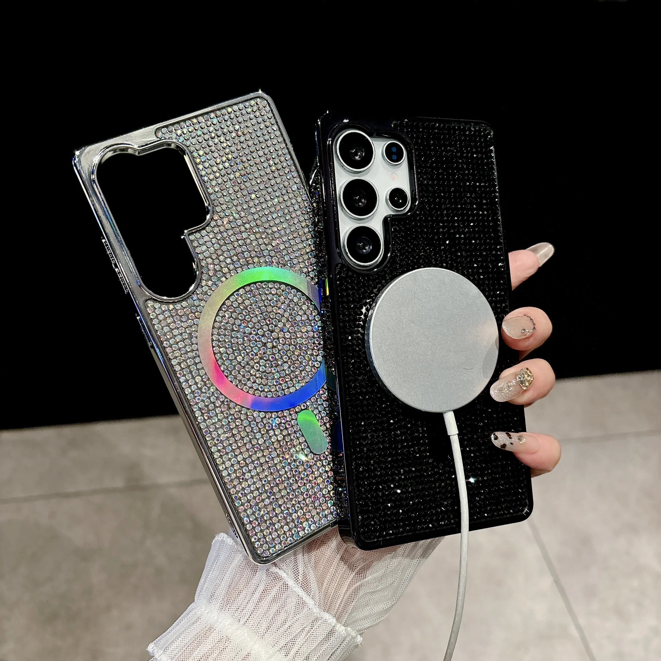 Glitter Diamond Plating TPU+PC Phone Case with Wireless Charging and Magnetic Feature - Girly Cover