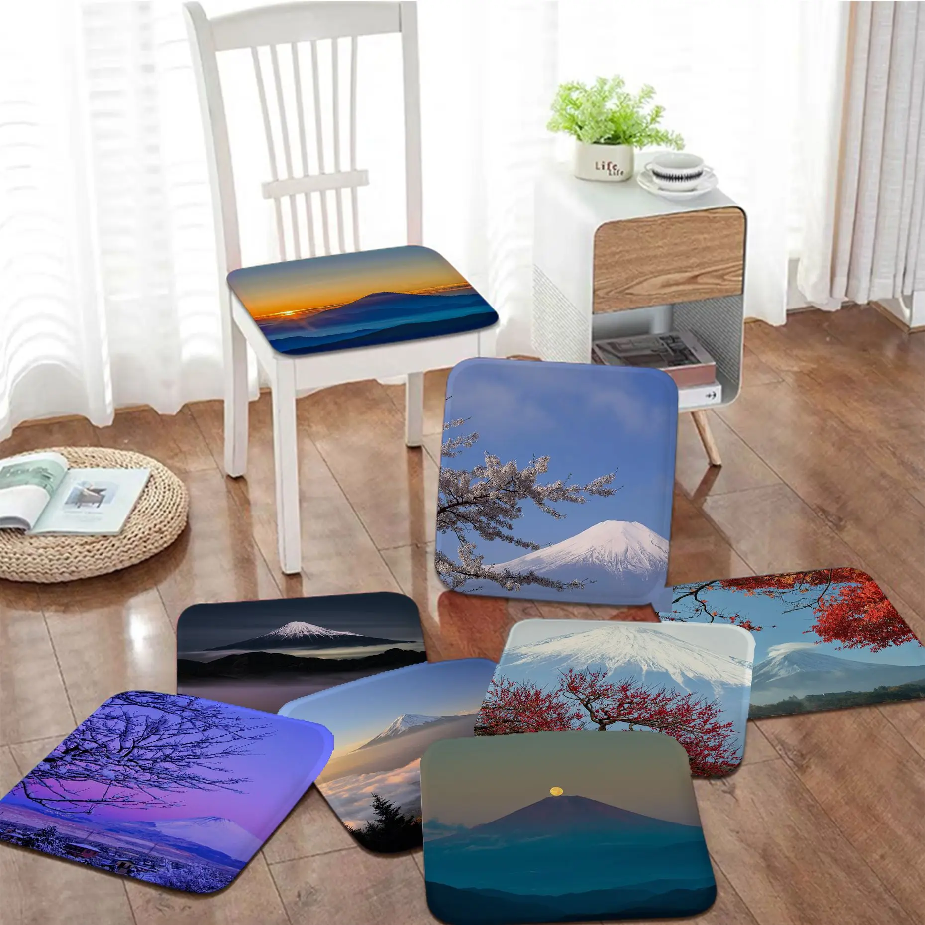 

Japanese Aesthetic Mount Fuji Landscape Map Cushion Mat Square Dining Chair Cushion Circular For Office Desk Cushions Home Decor
