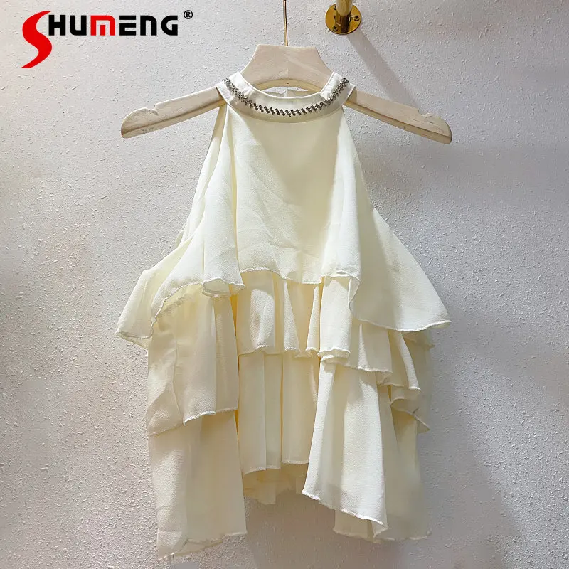 

Sweet Stand Collar Diamond-Embedded Sleeveless Blouse Cold-Shoulder Loose Temperament Ruffled Chiffon Camisole Top Female