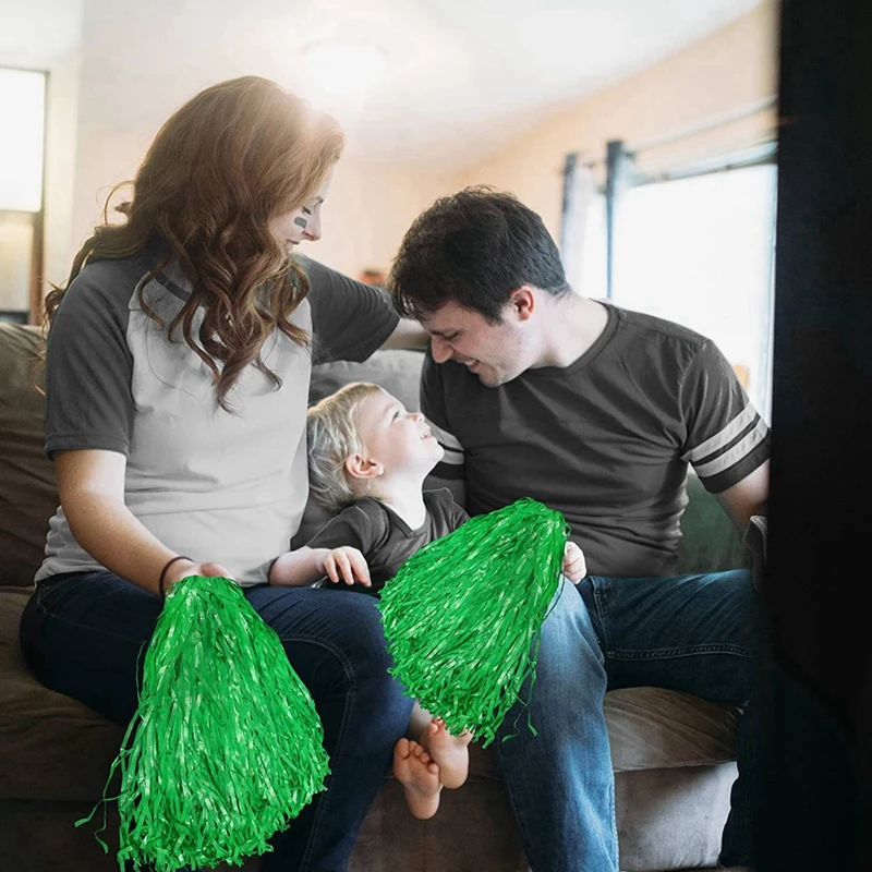48Pcs Cheerleading Pom Poms Metallic Foil Cheer Pom Poms With Plastic Handle For Adults Kids Cheerleaders Party Green