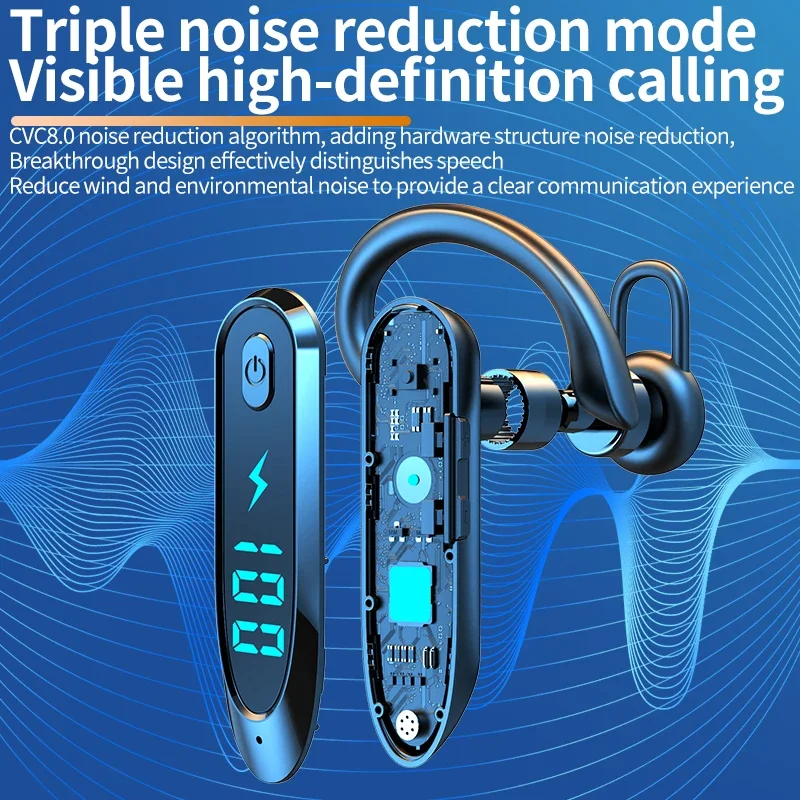 Enhanced Bluetooth Earphone with 270° Rotating Ear Hook, LED Display, HIFI Stereo Sound, Noise Reduction, and Waterproof Features