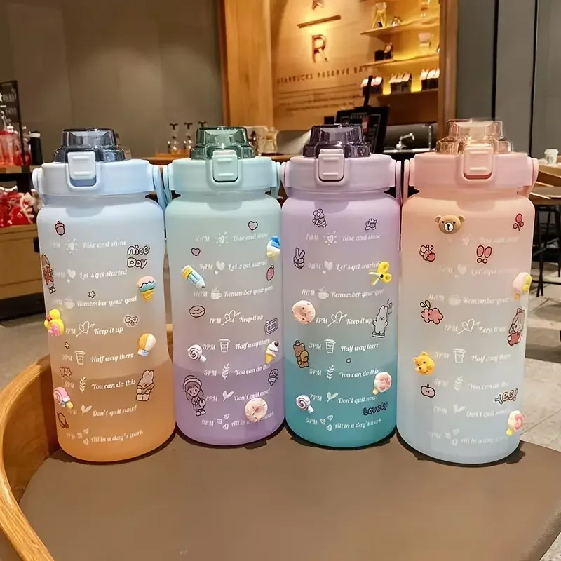 Sports Water Bottle 2L Colorful Frosted With Straw And Sticker
