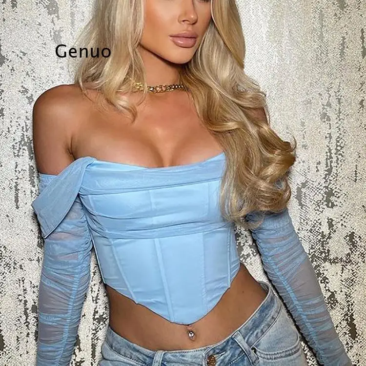 

High Quality Summer Corset Top Women Y2K Tops Blue Boycon Crop Top Off The Shoulder Sexy Mesh Top Outfits Girl Party Clubwear